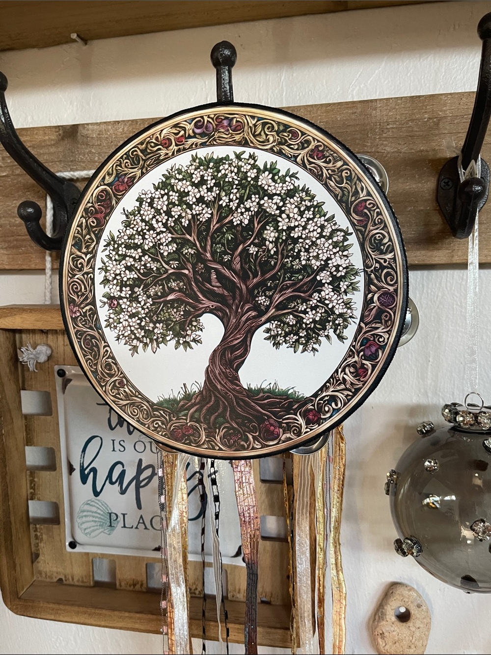 Tree of Life Wall Hanging Ribbon Decor in Green, Brown, White -